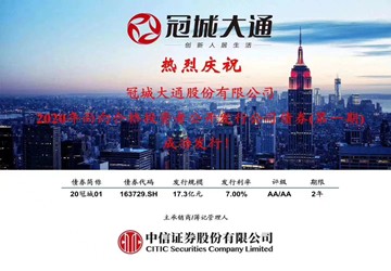热烈祝贺北京福建企业总商会常务副会长韩孝煌公司冠城大通2020年面向合格投资者公开发行公司债券（第一期）成功发行！
